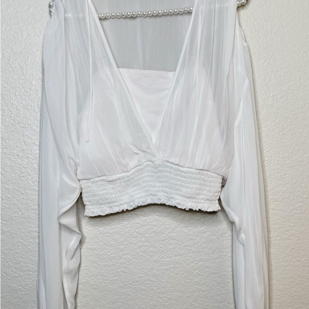 Anthropologie White Double Lined Long Sleeve Smocked Blouse Size Small - Picture 2 of 7